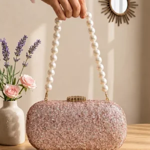 Clutiva rose gold textured luxury pearl clutch bag for women