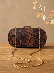 Clutiva black and white exotic python print capsule clutch bag for women with gold chain.