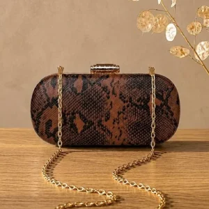 Clutiva black and white exotic python print capsule clutch bag for women with gold chain.