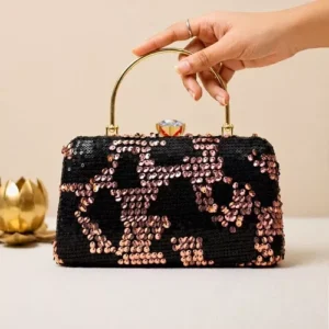 Black/Rose Gold Sequin: Clutiva midnight black luxury clutch with rose gold sequin patterns and metallic top handle.