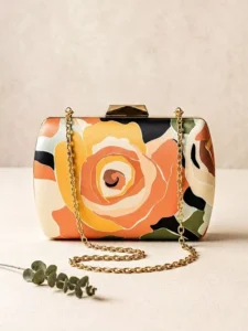 Premium white matte satin clutch bag with pastel watercolor floral print for women