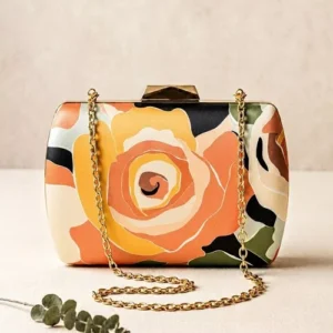 Premium white matte satin clutch bag with pastel watercolor floral print for women