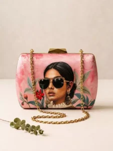 Blush pink vintage Indian portrait luxury satin clutch bag with gold chain by Clutiva.