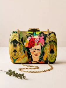 Clutiva premium bohemian flora portrait printed party clutch bag with dark green botanical background