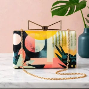 Clutiva Tropical Eclipse Satin Box Clutch with Abstract Botanical Artwork, Gold Bow Handle and Detachable Chain