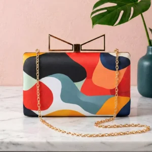 Clutiva Abstract Aura Satin Box Clutch featuring Contemporary Art Print, Gold Bow Handle and Detachable Chain