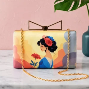 Clutiva Blossom Muse Satin Box Clutch featuring Artistic Floral Illustration, Gold Bow Handle and Detachable Chain