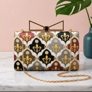 Clutiva Royale Fleur Satin Box Clutch with Gold Bow Handle, Heritage Fleur-de-Lis Pattern and Detachable Chain