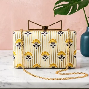 Clutiva Golden Deco Bloom Satin Box Clutch with Gold Bow Handle and Art Deco Floral Print