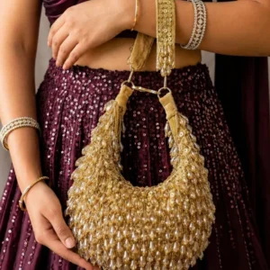 Clutiva Luna premium bridal clutch bag in gold champagne crystal beadwork with velvet lining