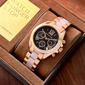 Luxury rose gold women's chronograph watch with black Roman numeral dial and blush bracelet